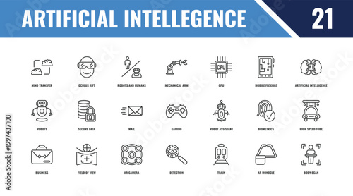 artificial intellegence outline icon set. linear vector for ui, web and mobile. thin line oculus rift, artificial intelligence, robot assistant icons.
