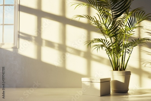 Indoor Plant Near Window Casts Shadows on Wall in Sunlit Room