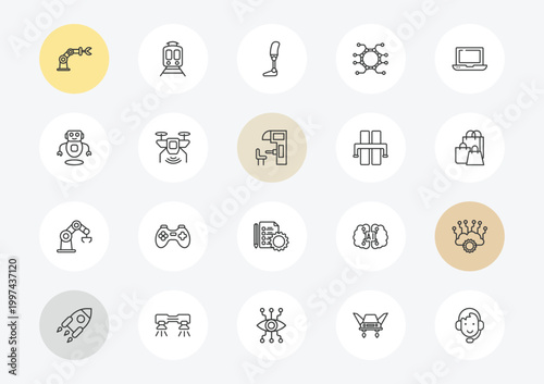artificial intellegence outline icon set. linear vector for ui, web and mobile. thin line mechanical arm, robots, bionic arm icons.