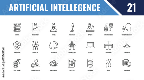 artificial intellegence outline icon set. linear vector for ui, web and mobile. thin line prediction, voice recognition, laptop icons.