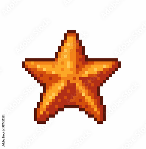 Cute pixel starfish sea creature icon designed in classic retro game style. Bright orange marine animal with clean pixel edges, simple shading and playful underwater look