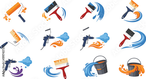 Painting Action Vector Set with Rollers Brushes Spray Gun Paint Splash and Bucket Effects for Home Renovation and DIY Design