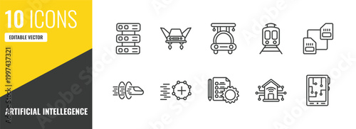 artificial intellegence outline icon set. 10 linear vector for ui, web and mobile. thin line servers, fyling vehicle, high speed tube icons.