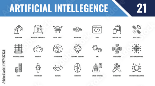 artificial intellegence outline icon set. linear vector for ui, web and mobile. thin line artificial atmosphere, outer space, hine icons.