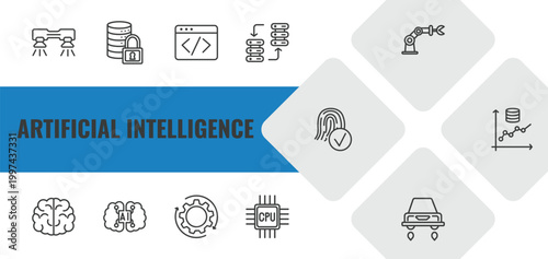 artificial intelligence outline icon set. linear vector for ui, web and mobile. thin line flyboard, secure data, code icons.