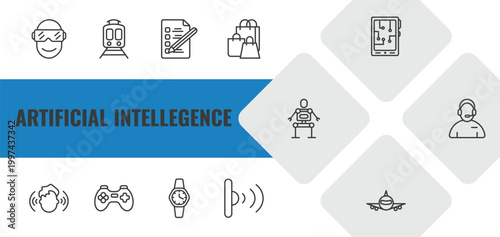 artificial intellegence outline icon set. linear vector for ui, web and mobile. thin line oculus rift, train, check list icons.