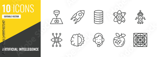artificial intellegence outline icon set. 10 linear vector for ui, web and mobile. thin line organ printing, rocket, database icons.