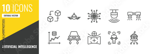 artificial intellegence outline icon set. 10 linear vector for ui, web and mobile. thin line replacement, aeroplane, quantum computing icons.