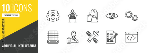 artificial intellegence outline icon set. 10 linear vector for ui, web and mobile. thin line future brain, exoskeleton, shopping bag icons.