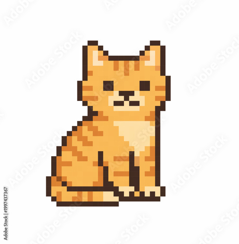 Adorable pixel orange cat character icon in classic retro game style. Cute sitting kitten with striped fur, clean pixel edges and soft shading.