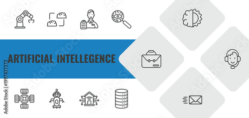 artificial intellegence outline icon set. linear vector for ui, web and mobile. thin line bionic arm, mind transfer, shop assistant icons.