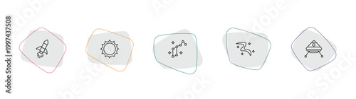 astronomy outline icon set. linear vector for ui, web and mobile. thin line rocket ship, big sun shining, lyra constellation icons.