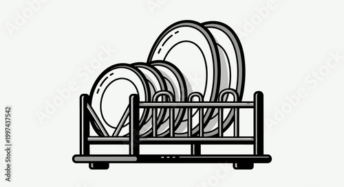 Clean Dishes in Rack for Drying, Kitchenware After Washing