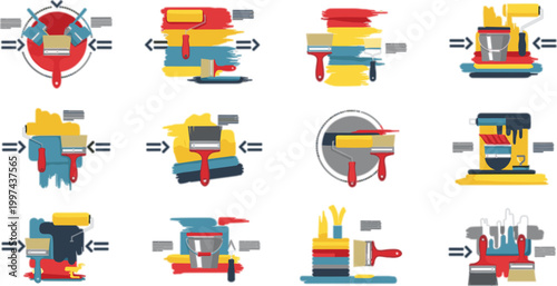 Painting Tools and Equipment Vector Set with Rollers Brushes Buckets and Color Swatches for Home Renovation and DIY Design