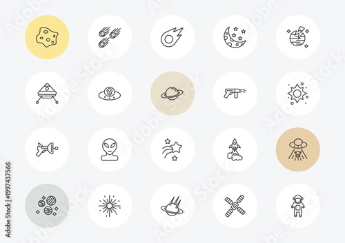 astronomy outline icon set. linear vector for ui, web and mobile. thin line asteroid, space capsule, space gun icons.