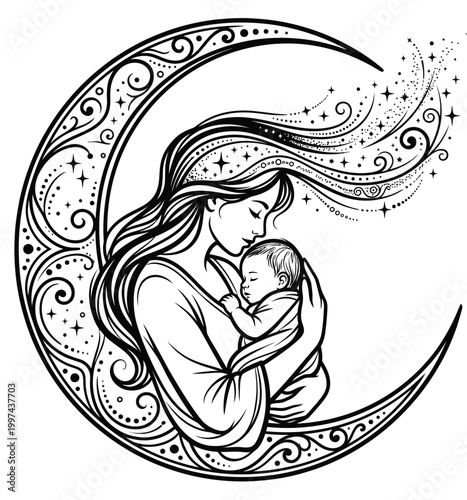 Celestial vector line art of a mother cradling her sleeping baby within a crescent moon and stars