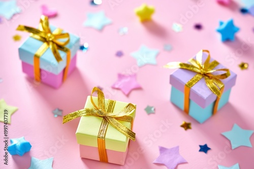 Colorful Gift Boxes With Ribbons and Stars on a Pink Background for Celebration