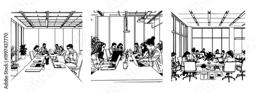 ““Modern corporate office environment with diverse team working on laptops, natural lighting, clean workspace, professional atmosphere, high resolution, shallow depth of field, realistic style, cop...