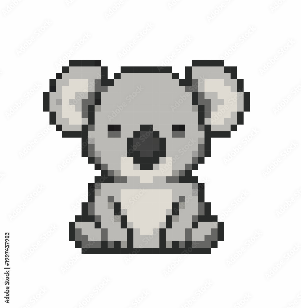 Obraz premium Adorable pixel koala bear character icon in classic retro game style. Gray marsupial animal with clean pixel edges, soft shading and friendly expression.