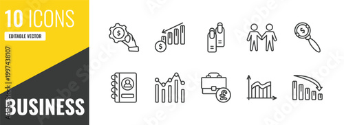 business outline icon set. 10 linear vector for ui, web and mobile. thin line hand with money gear, profit chart, nails icons.