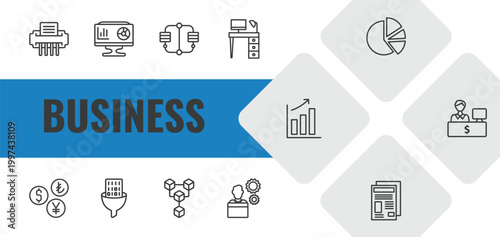 business outline icon set. linear vector for ui, web and mobile. thin line shredder, analytics monitor, connected data icons.