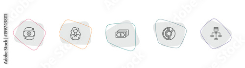 business and analytics outline icon set. linear vector for ui, web and mobile. thin line return of investment, businesswoman, dollar bills icons.