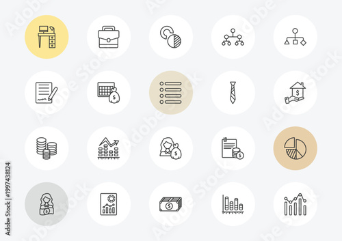 business and analytics outline icon set. linear vector for ui, web and mobile. thin line work table, , stacks of coins icons.