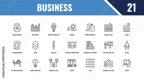 business outline icon set. linear vector for ui, web and mobile. thin line wave chart, deficit, horizontal bar chart icons.
