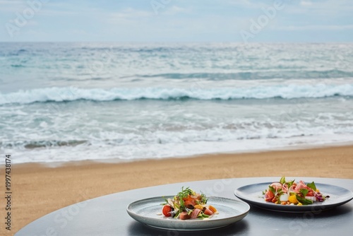 Fresh Seafood Served on Plates at a Beachside Restaurant With Ocean View on a...