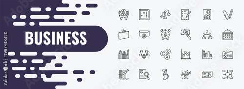 business outline icon set. linear vector for ui, web and mobile. thin line tones, punishment, analytic visualization icons.