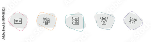 business and analytics outline icon set. linear vector for ui, web and mobile. thin line data, stacks of coins, address book icons.