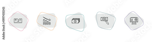 business and analytics outline icon set. linear vector for ui, web and mobile. thin line broken credit card, marketing chart, american dollar bill icons.