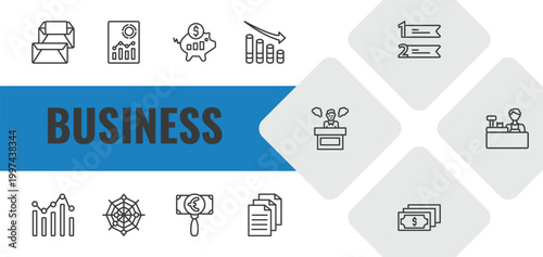 business outline icon set. linear vector for ui, web and mobile. thin line correspondence, analytic visualization, purpose of saving money icons.