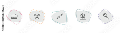 business outline icon set. linear vector for ui, web and mobile. thin line bussines briefcase, worker money time, graphic arrow icons.