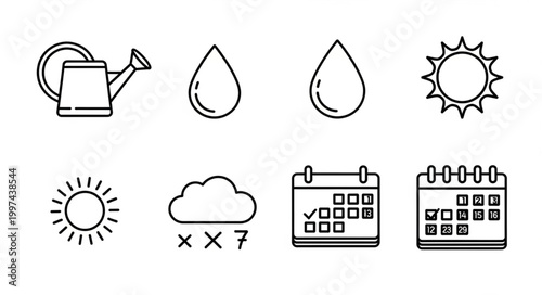 Gardening icons for watering and weather planning.