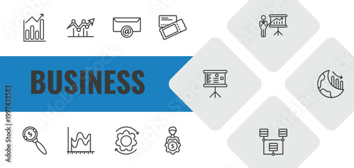 business outline icon set. linear vector for ui, web and mobile. thin line statistical chart, dot, email contacts icons.