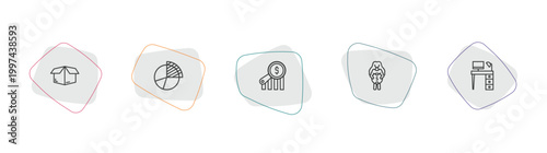 business outline icon set. linear vector for ui, web and mobile. thin line empty box, data analysis pie chart, money finder icons.