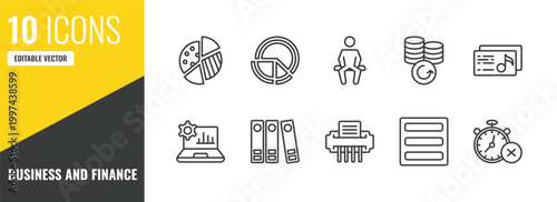 business and finance outline icon set. 10 linear vector for ui, web and mobile. thin line graph pie, pie chart file, sitting icons.