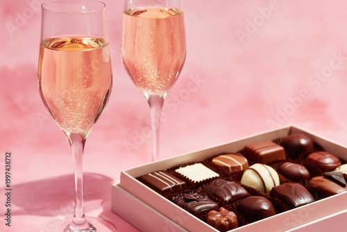 Champagne and Chocolates on a Table With Pink Background During a Celebration