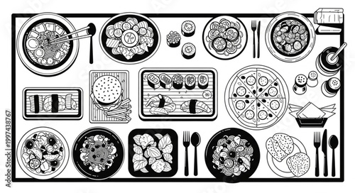 Overhead view of a table filled with various delicious food items.