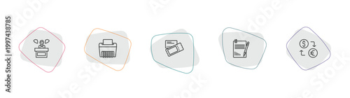 business outline icon set. linear vector for ui, web and mobile. thin line angry boss, paper shredder, credit card and ticket icons.