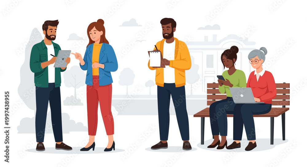 Obraz premium Diverse Group Collecting Data, Interacting, and Using Digital Technology Outdoors. Multi-generational men and women engaging with tablets, laptops, and smartphones.