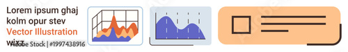 Data analysis, statistics, business insights, corporate presentations, user interface design, information display. Two graphs visual data trends with related design elements. Data analysis