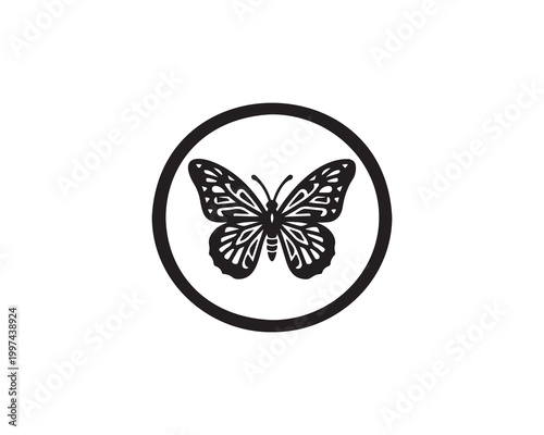 Black butterfly silhouette inside circular border, minimalist vector design, symbol of transformation and nature, high-contrast geometric style on white background