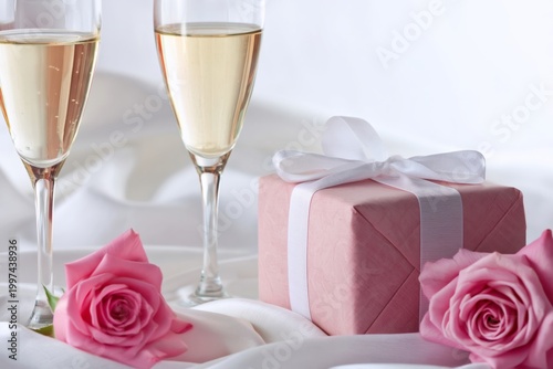 Celebration With Champagne Glasses, Pink Roses, and a Wrapped Gift on a White...