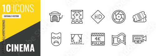 cinema outline icon set. 10 linear vector for ui, web and mobile. thin line cinema hurdy gurdy, people watching a movie, hd video icons.
