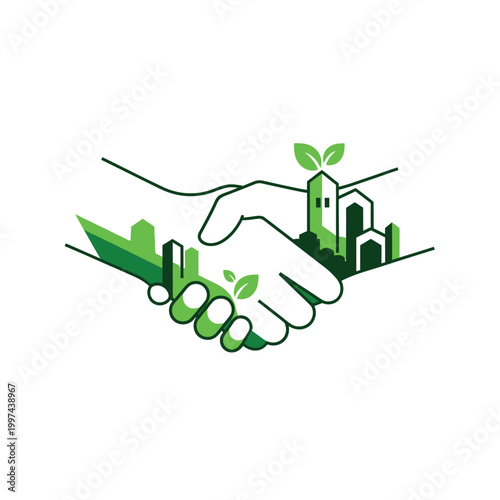 Green Business Handshake Logo with City Skyline and Leaves for Sustainable Development, Eco-Friendly Partnership, and CSR Concepts
