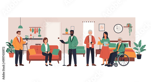 Diverse Multigenerational Group in Modern Home: Inclusive Community & Digital Connectivity