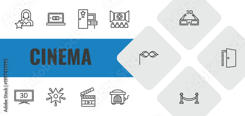 cinema outline icon set. linear vector for ui, web and mobile. thin line actress, buy tickets online, dressing room icons.