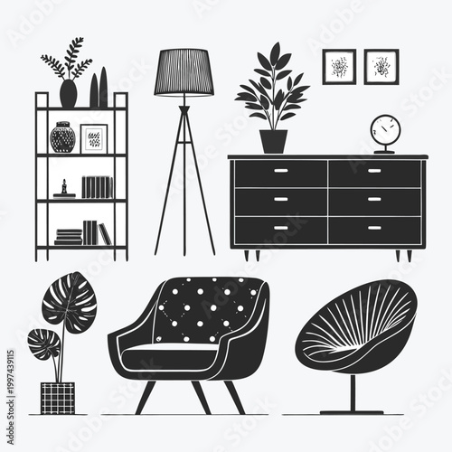 Modern Interior Furniture and Home Decor Icon Set - Living Room Silhouette Vector Elements
